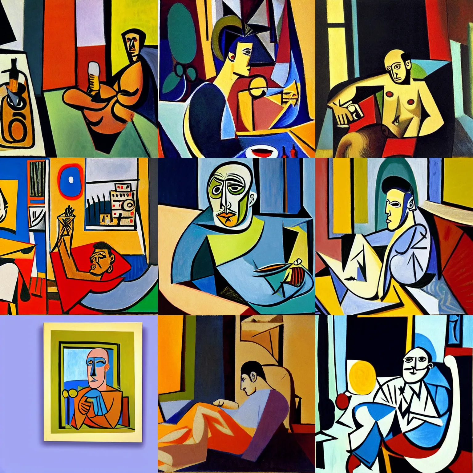 Prompt: picasso painting of a man relaxing in the sunlight of his apartment on a cool day in march, drinking beer, digital art, amazing replica