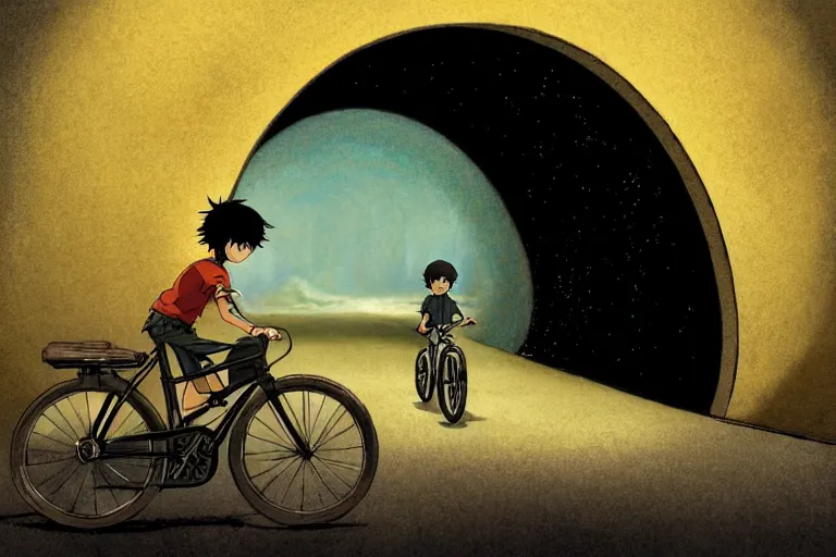 Prompt: a boy riding his bike alone through a tunnel, high intricate details, rule of thirds, golden ratio, cinematic light, anime style, graphic novel by fiona staples and dustin nguyen, by beaststars and orange, peter elson, alan bean, studio ghibli, makoto shinkai