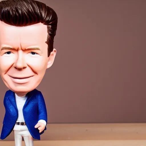 Prompt: Rick Astley as a bobble head, on a brown desk, 8k photo