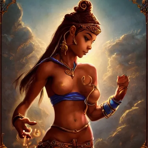 Image similar to a short brown haired brown skinned genie, with abs, pretty, young, emerging from a genie's lamp, rippling with magic, ready to grant a wish by artgerm and wlop and scott fischer and seb mckinnon, digital art, highly detailed, wide shot, intricate, fantasy, mystical, sharp focus, Trending on Artstation HQ, deviantart, unreal engine 5, 4K UHD image