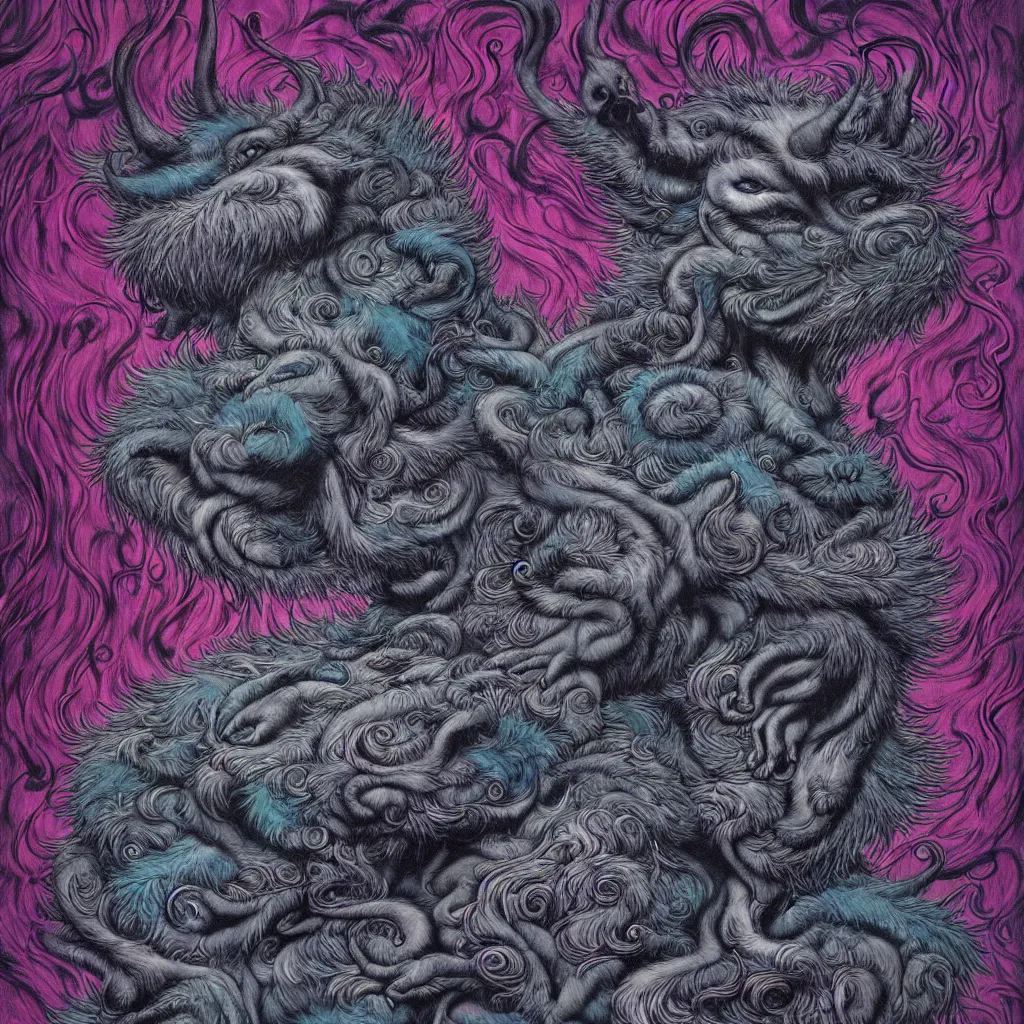 Image similar to monster of fur and black oil by james jean, photoillustration, mystical baroque, pastel synthwave