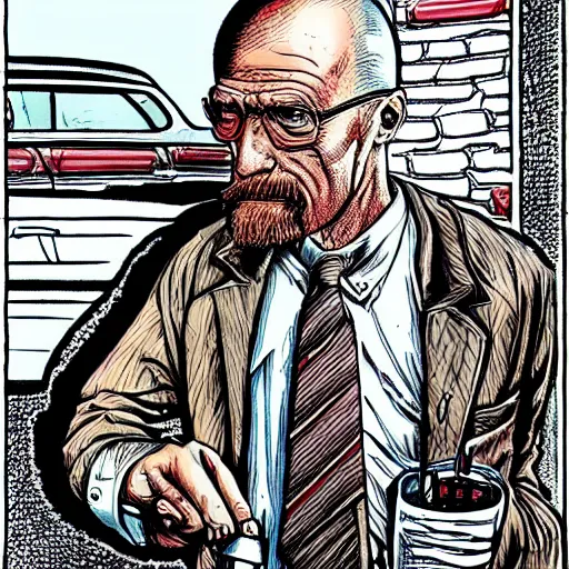 Image similar to The Artwork of R. Crumb and his Cheap Suit Breaking-Bad-Walter-White buying drugs, pencil and colored marker artwork, trailer-trash lifestyle