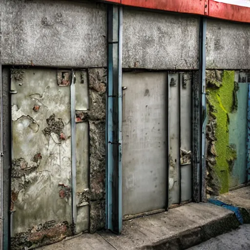 Image similar to Taiwan holiday alley, roller shutter doors, some residential doors and plants, concrete stones brickwork tiles, road, metal Taiwanese architecture doors rust a bit of mould stripped paint and discoloured old concrete walls with cracks some moss cinematic nature plants split lighting shallow depth of field 40mm lens