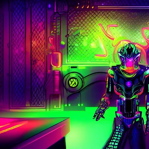 Image similar to handsome cybernetic dragon in a cyberpunk night club, portrait bokeh, neon club lighting, digital art, 4K UHD