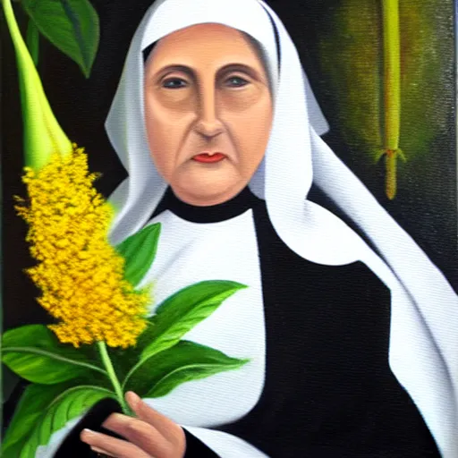 Image similar to oil painting of a nun flanked by brugmansia suaveolens flowers