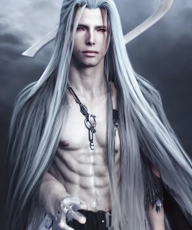 Image similar to sephiroth in the style of ayami kojima, crisp 8 k line art, digital painting, artstation, unreal engine, octane render, emissive lighting, concept art, matte, sharp focus, hyper realistic lighting, illustration