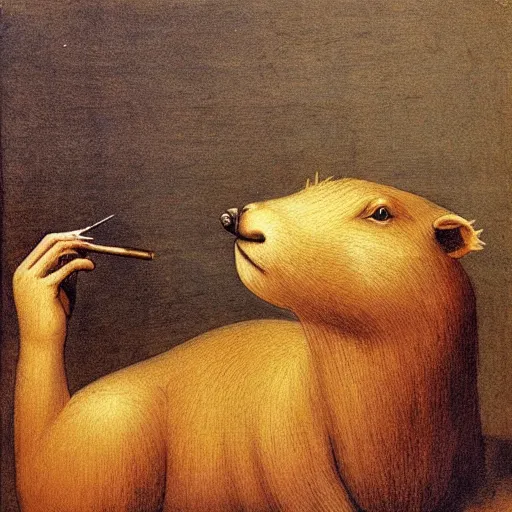 Image similar to capybara smoking a cigar, oil painting by leonardo da vinci