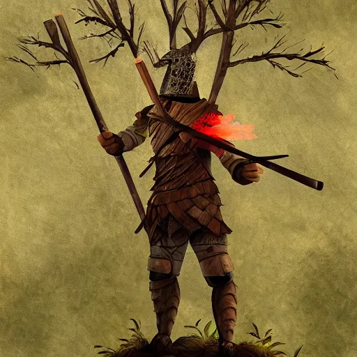 Image similar to a woodland knight made of wood holding a giant club, in a dark forest, digital art, high quality render, artstation, 8 k, photograph quality, ultrahd, in the style of dungeons and dragons