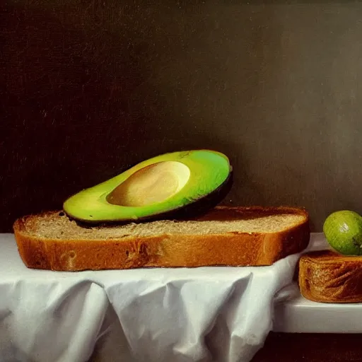 Image similar to still life by willem claesz heda, avocado toast, money