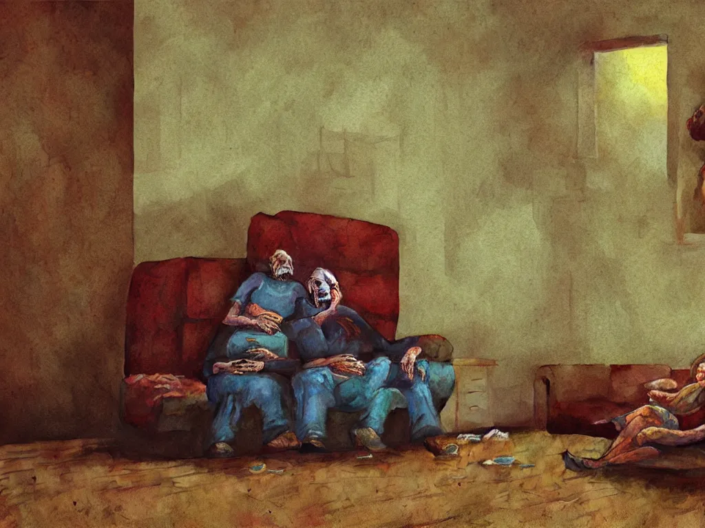 Image similar to photo of a very old dead couple sitting on a couch in an old soviet apartment, psx game graphics , Beksinski painting, part by Adrian Ghenie