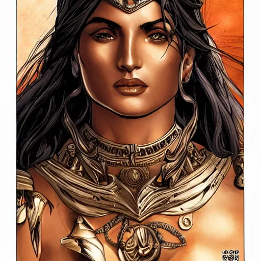 Prompt: greek amazon warrior, a tall beautiful dignified woman with bronzed skin, long raven hair, dressed in full body hellenistic armour, detailed features, intricate, elegant, highly detailed, smooth, sharp focus, detailed face, high contrast, graphic novel, art by pepe larraz,