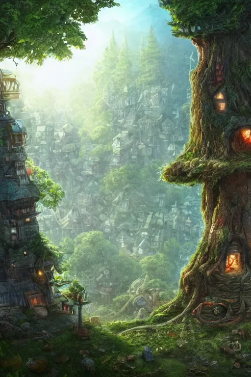 Prompt: a miniature city built into the trunk of a single colossal tree in the forest, with tiny people, in the style of tyler edlin, lit windows, small figure looking out in the foreground, close - up, low angle, wide angle, awe - inspiring, highly detailed digital art