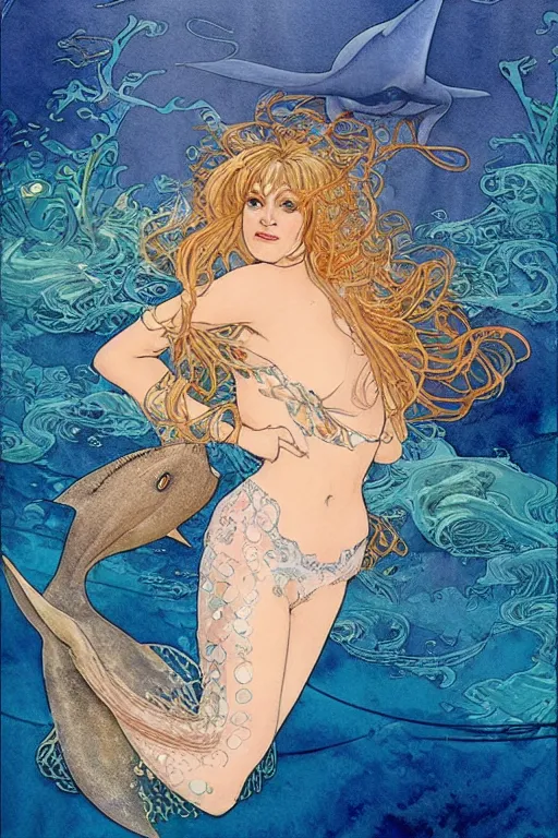 Prompt: a beautiful intricate watercolor illustration of goldie hawn as a mermaid swimming with a manta ray in a coral reef, tropical fish and octopus and coral, 4 k, ultra - wide angle, by william turner, by victo ngai, by alphonse mucha, by miho hirano, by moebius, hd, trending on artstation, hyper detailed, muted intense colors