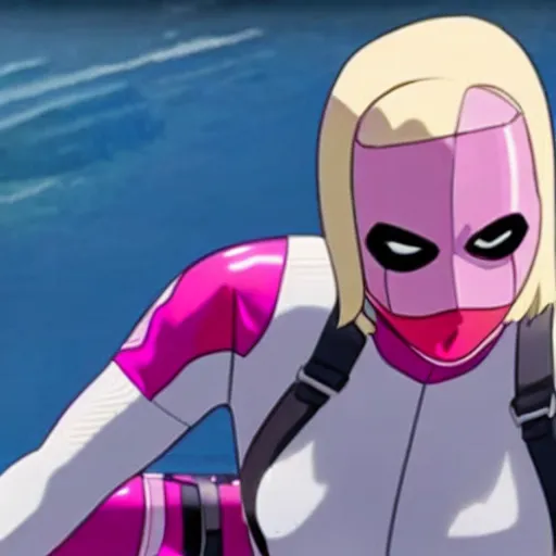 Image similar to A still of Gwenpool in Deadpool 3 (2023), no mask, blonde hair with pink highlights