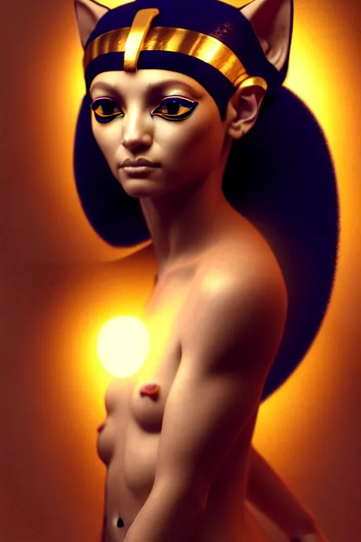 Image similar to portrait of the beautiful egyptian goddess, bastet, bast, woman / cat hybrid, soft torchlight in an egyptian tomb, digital art by ruan jia and mandy jurgens and artgerm and william - adolphe bouguereau, highly detailed, trending on artstation, award winning,