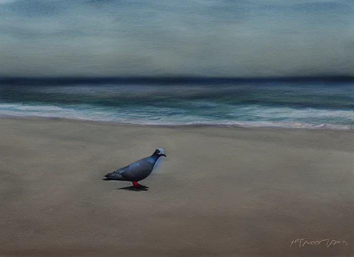 Prompt: pigeon, beach, serene, happy, black, artwork, acrylic paint, tonal colors, dark, volumetric lighting, post processing