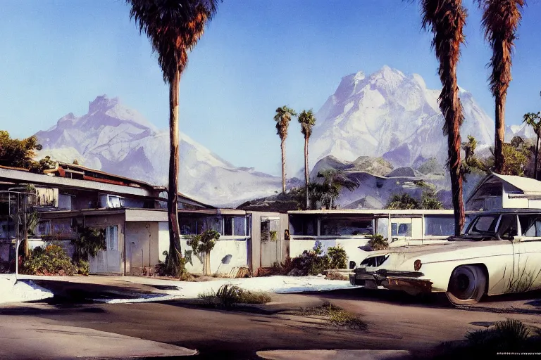 Image similar to natural american landscape | abandoned motel | palm trees | snowy mountains, painting by syd mead and weta studio and james jean, frank frazetta, highly detailed, rule of third, soft lighting, 8 k resolution, oil on canvas, architectural magazine, beautiful detailed, insanely intricate details, artstation trending, hypermaximalistic, high details, cinematic