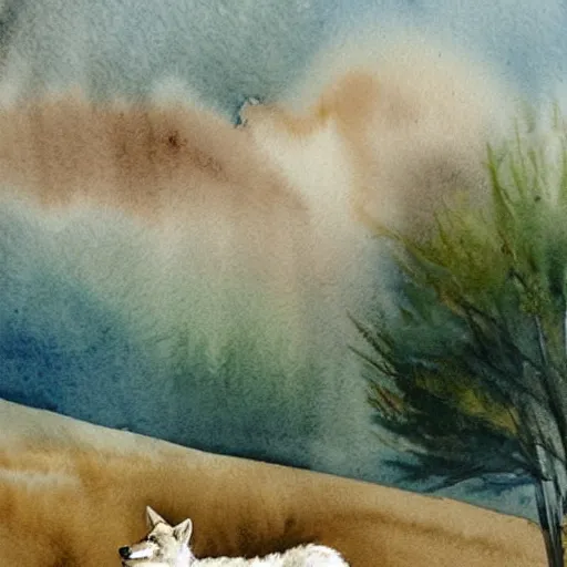 Prompt: a wolf in a beautiful natural scene. heath, sand, dry grass and trees. beautiful light, dramatic clouds. soft colour scheme. beautiful artistic detailed watercolor by vincent.