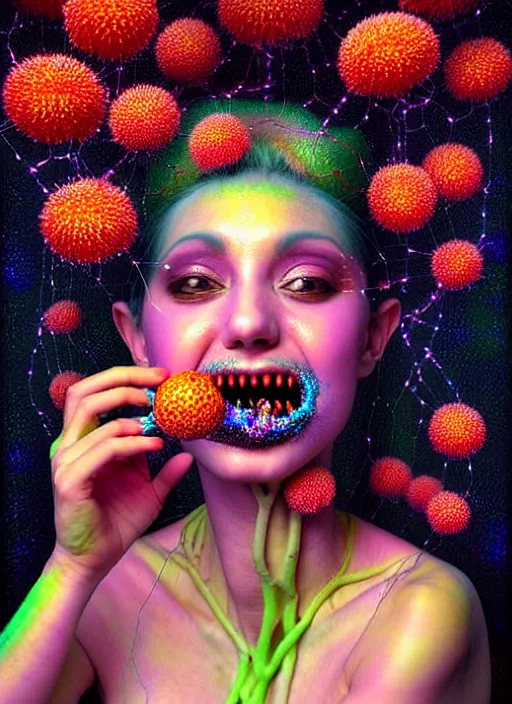 Image similar to hyper detailed 3d render like a chiariscuro Oil painting with focal blur - Aurora (Singer) looking adorable and seen in dynamic pose joyfully Eating of the Strangling network of glowing and milky Fruit and Her delicate Hands hold of gossamer polyp blossoms bring iridescent fungal flowers whose spores black the foolish stars to her smirking mouth by Jacek Yerka, Mariusz Lewandowski, Houdini algorithmic generative render, Abstract brush strokes, Masterpiece, Edward Hopper and James Gilleard, Zdzislaw Beksinski, Mark Ryden, Wolfgang Lettl, hints of Yayoi Kasuma, octane render, 8k