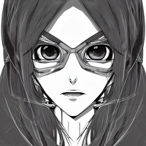 Image similar to vector illustration ink drawing of an anime manga gothic girl portrait with an intricate futuristic urban inspired helmet, hyperrealistic oil painting, by makoto shinkai and ilya kuvshinov and lois van baarle and rossdraws and basquiat, trending on artstation, black and white, chromatic aberration, monochrome color palette, halftone shaded background