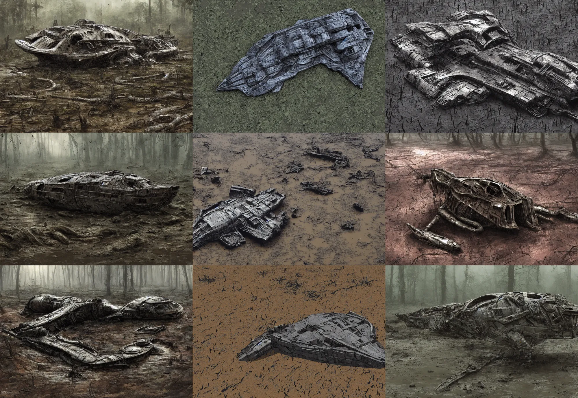 Prompt: crashed detailed alien scout ship in a muddy swamp, dystopian, 4 k