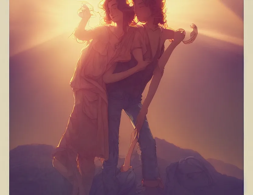 Prompt: couple on the gus station in the early morning, sun rays, sunrise, golden hour, bleach bypass, warm tones, beige colors, sunlight, digital 2 d, soft lights, polaroid, high - key lighting, charlie bowater, james jean, ivan bilibin, ross tran, tom bagshaw