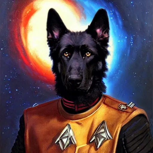 Image similar to a portrait of a black german shepard dogman canine star trek captain red shirt full body. highly detailed painting by gaston bussiere, craig mullins, j. c. leyendecker, furry