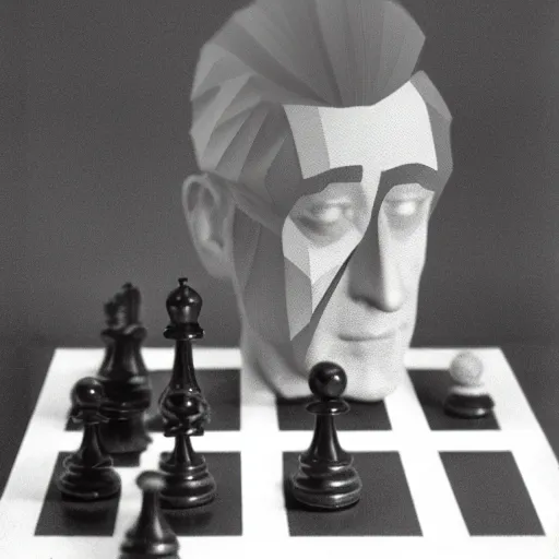 Image similar to Marcel Duchamp holding a low poly wireframe mesh model of a chess piece, blender, 35mm film