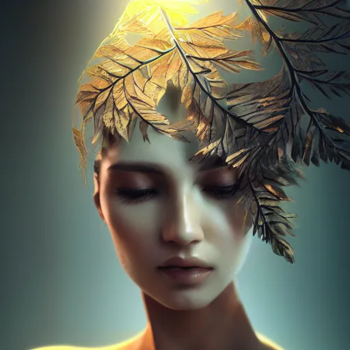 Prompt: a highly detailed digital image of a futuristic elegant woman wrapped with leaves, artstation, extremely detailed woman, stunning volumetric lighting, 4k,