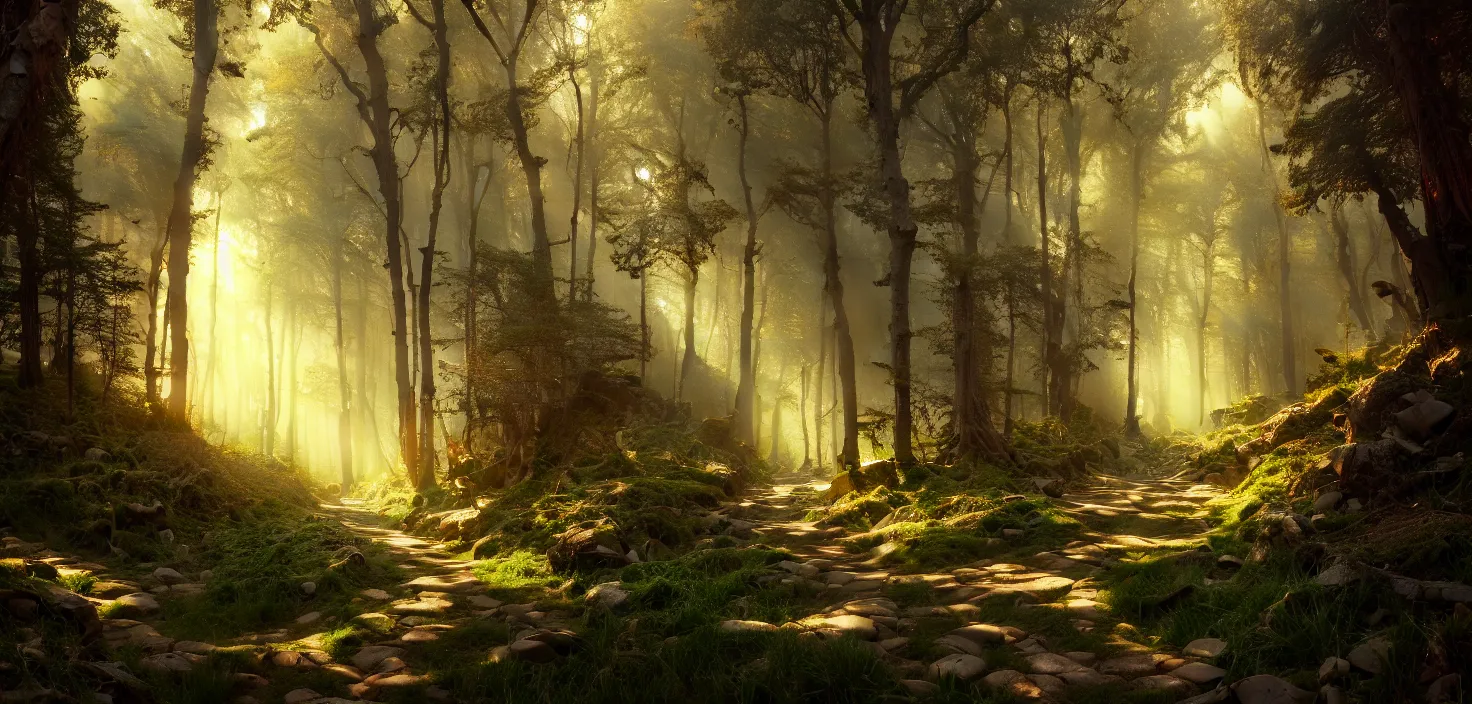 Prompt: random forest path landscape, incredible, vector art, octane render, fabulous, hyper detailed, random cinematic view, no noise, global illumination, warm lighting, volumetric, godrays, vivid, beautiful, by jordan grimmer