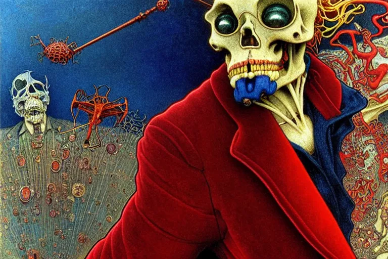 Image similar to realistic detailed closeup portrait painting of a single skeleton smoking wearing red velvet blazer in a crowded futuristic moscow street by Jean Delville, Amano, Yves Tanguy, Alphonse Mucha, Ernst Haeckel, Edward Robert Hughes, Roger Dean, rich moody colours, blue eyes