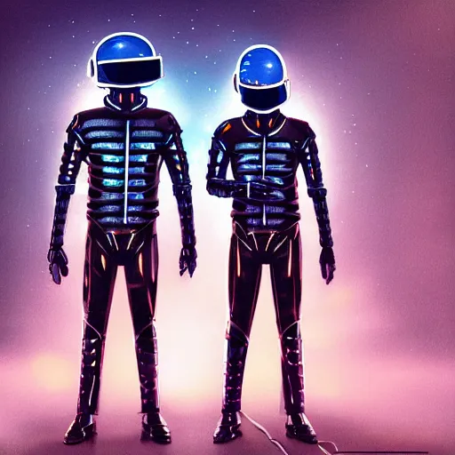 Image similar to daft punk standing in front of a gigantic robot army, cyberpunk futuristic alien landscape, weird plants, banners covered with alien writing glyphs, by Małgorzata Kmiec