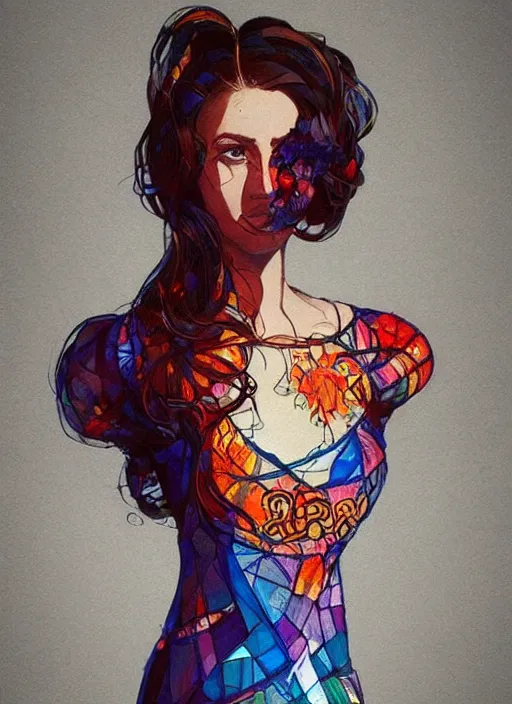 Prompt: beautiful woman wearing a dress made from stained glass in the design of flames. painting by artgerm and greg rutkowski and ilya kuvshinov
