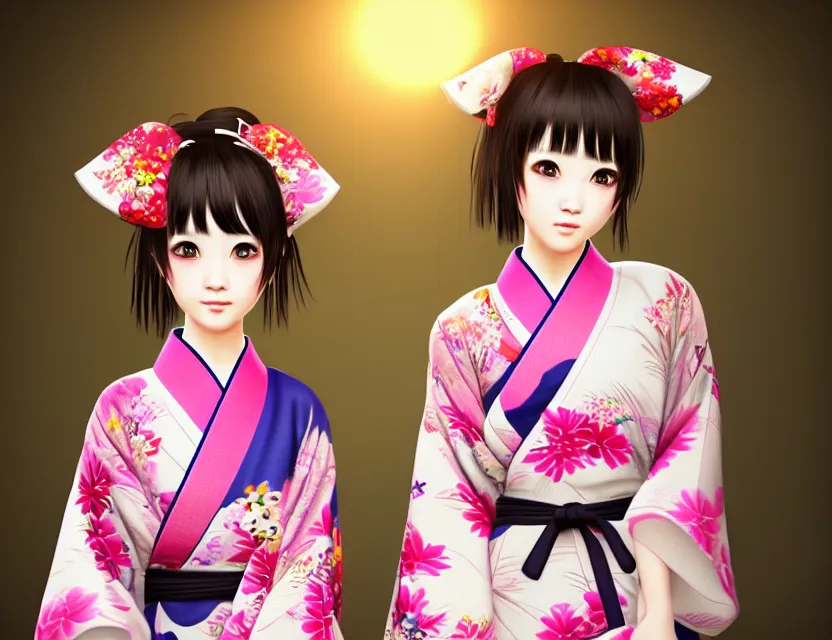 Image similar to two beautiful fashion taiwan girl wear elegant yukata in festival | | big eyes, summer night, realistic shaded, smile, good looking, fine details, 4 k realistic, cryengine, realistic shaded lighting poster by hisaji hari