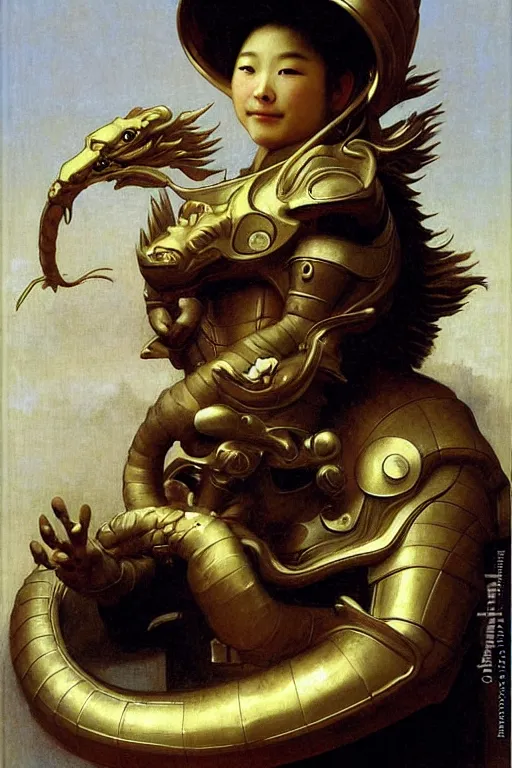 Image similar to portrait of a astronaut is a chinese dragon in armor and helmet, majestic, solemn, by bouguereau