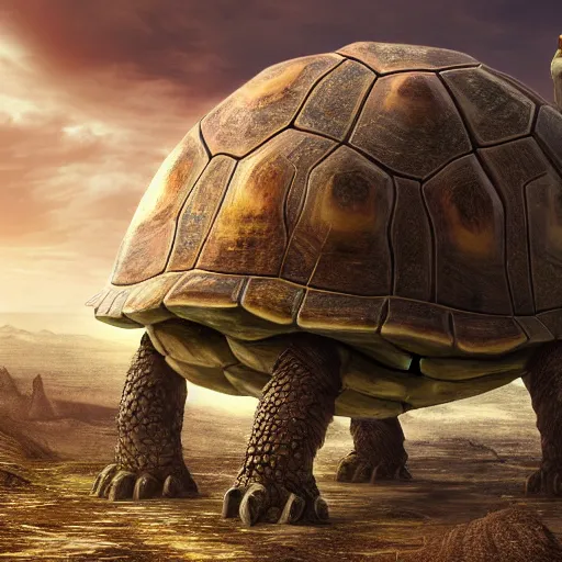 Image similar to gargantuan tortoise with a large fantasy castle armor walking through a sandy wasteland, inspired by howls moving castle and mortal engines, mid - distant shot centered birds eye view, fantasy, hyper detailed, 4 k