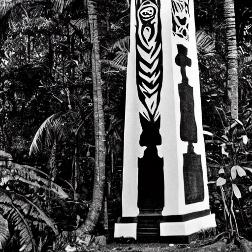 Prompt: lost film footage of a sacred surrealist totem in the middle of the tropical jungle / film still / cinematic / enhanced / 1 9 2 0 s / black and white / grain