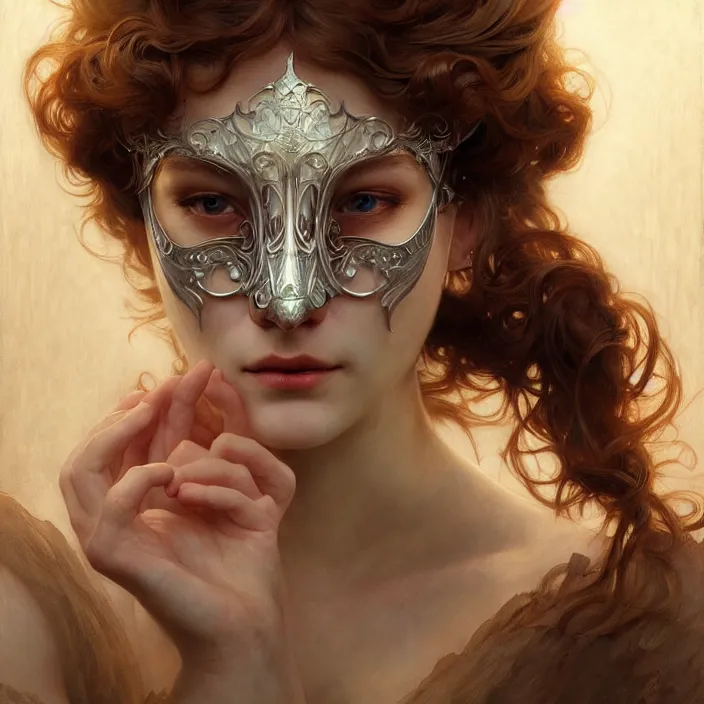 Image similar to removing mask under another mask, diffuse lighting, fantasy, intricate, elegant, highly detailed, lifelike, photorealistic, digital painting, artstation, illustration, concept art, smooth, sharp focus, art by John Collier and Albert Aublet and Krenz Cushart and Artem Demura and Alphonse Mucha