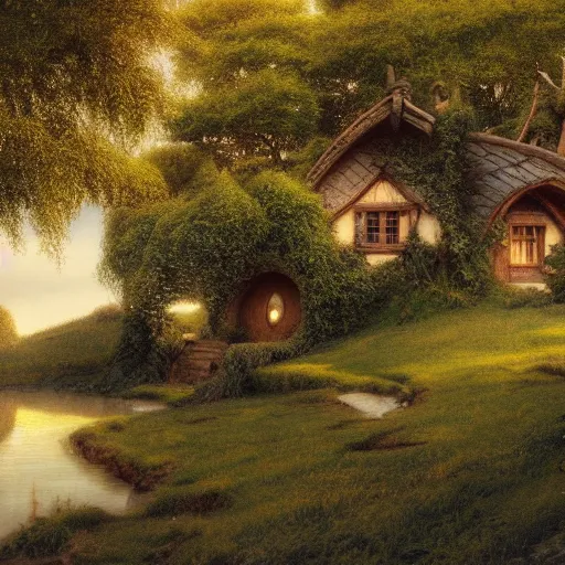 Image similar to Hobbiton by the river at the countryside in the evening, highly detailed matte painting, Alan Lee, Artstation,