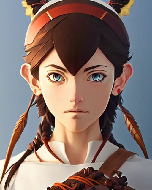 Image similar to azctec warrior, julia fox, detailed perfect face, exquisite details, fire magic, mid view, design on a white background, by studio muti, greg rutkowski makoto shinkai takashi takeuchi studio ghibli