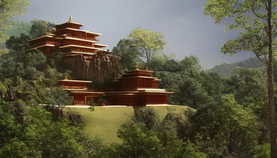 Image similar to small temple house inspired by tibetan architecture, on a green hill, overlooking a valley with trees, frank lloyd wright, realistic render, birdseye view