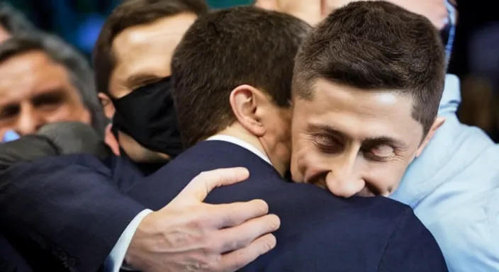 Prompt: vladimir zelensky hugging vladimir putin. photo from new york times