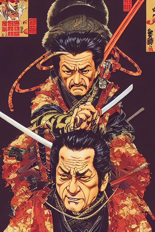 Image similar to poster of joe pesci as a samurai, by yoichi hatakenaka, masamune shirow, josan gonzales and dan mumford, ayami kojima, takato yamamoto, barclay shaw, karol bak, yukito kishiro