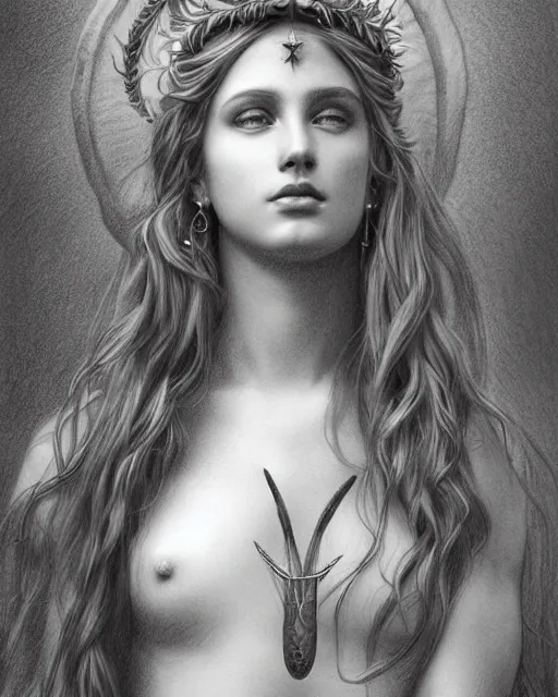 Prompt: pencil drawing of the very beautiful greek goddess aphrodite wearing a laurel wreath with arrowhead earrings, piercing eyes, beautiful flowing hair, hyper realistic face, in the style of greg rutkowski, fantasy, amazing detail, epic, elegant, smooth, sharp focus, young