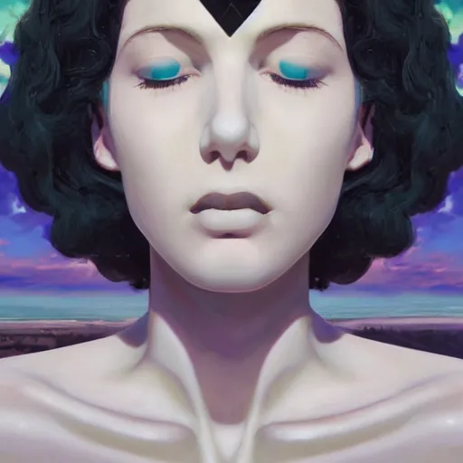 Image similar to a painting of a pale woman with black hair and a crown on her head standing in front of a statue, a screenshot by stanley twardowicz, cgsociety, aestheticism, aesthetic, vaporwave, anime aesthetic,