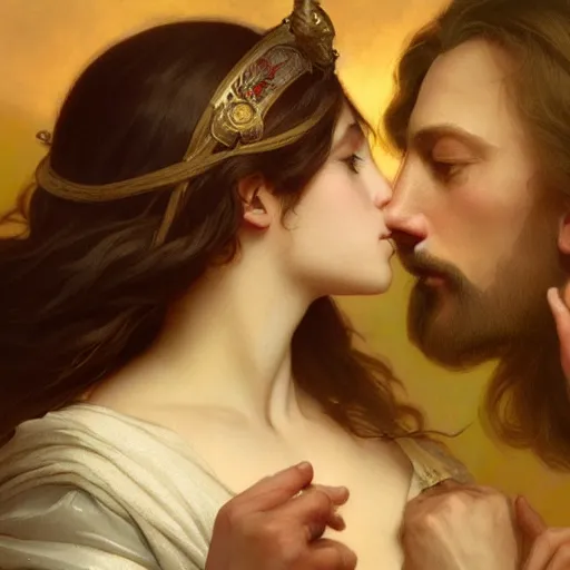 Image similar to jesus kissing a maria maddalena, elegant, highly detailed, digital painting, artstation, concept art, matte, sharp focus, illustration, art by artgerm and greg rutkowski and alphonse mucha