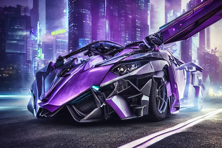 Image similar to hyper detailed purple lamborghini transformer, mecha cyberpunk city street background, 8 k photograph, dramatic lighting,