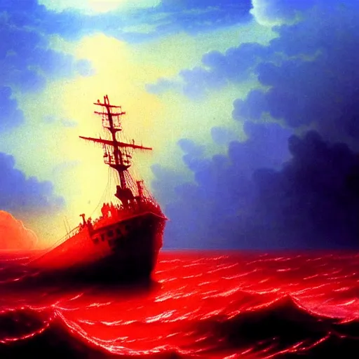 Prompt: bloody ocean, rusted iron ship sinking in red blood ocean, by hideaki anno, Ivan Aivazovsky, junji ito, hd 8k,