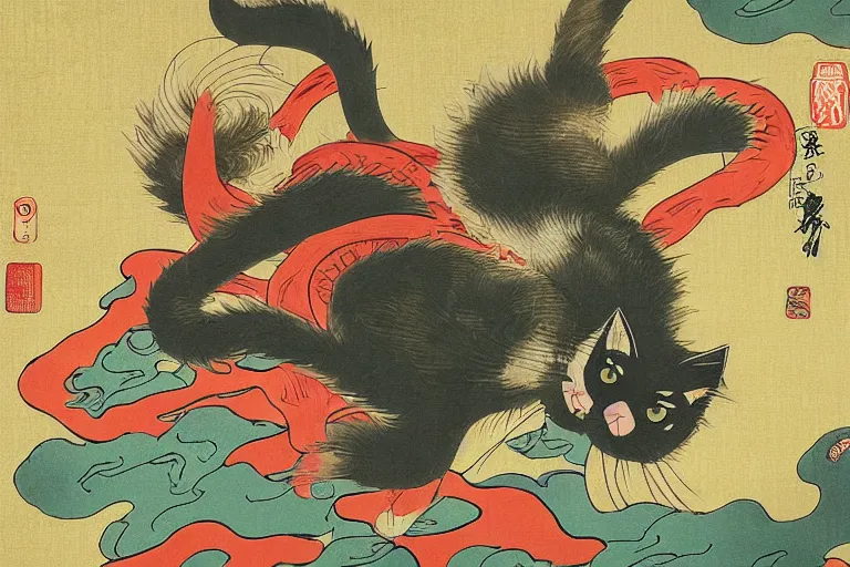 Prompt: cat in rain attacking Tokyo, ukiyo-e print, masterpiece, masterwork, artstation