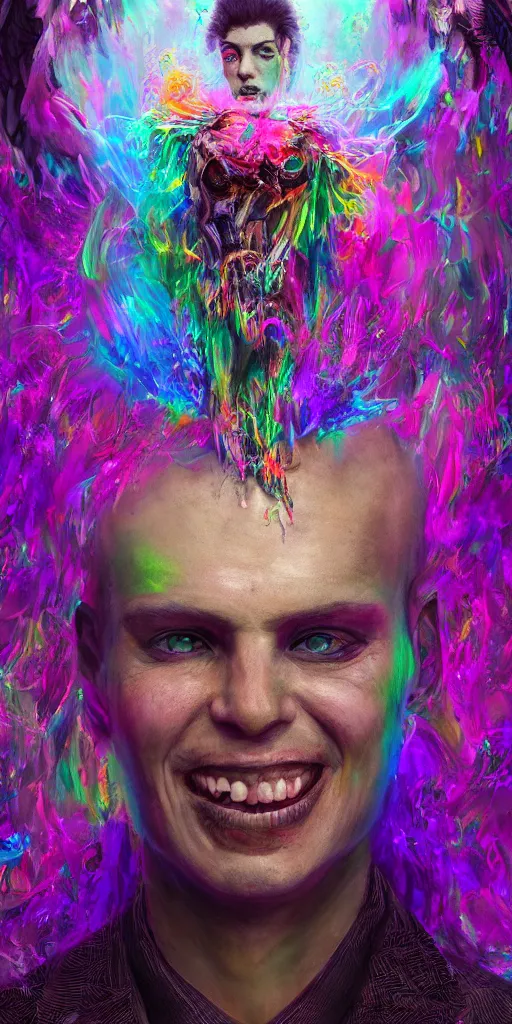 Image similar to impossibly beautiful portrait, dapper dream demon, wings, full body, bad trip, insane smile, intricate complexity, surreal horror, inverted neon rainbow drip paint, trending on art station, photoreal, 8 k, octane render by greg rutkowski